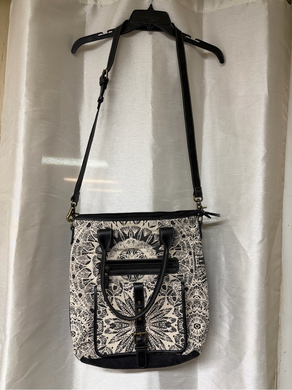 Myra Bag Black and Cream Patterned Crossbody Tote Bag